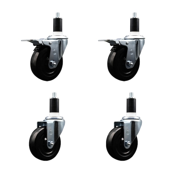 4'' Hard Rubber Swivel 1-3/8'' Expand Stem Caster Set 2 Total Lock Brakes, 4PK